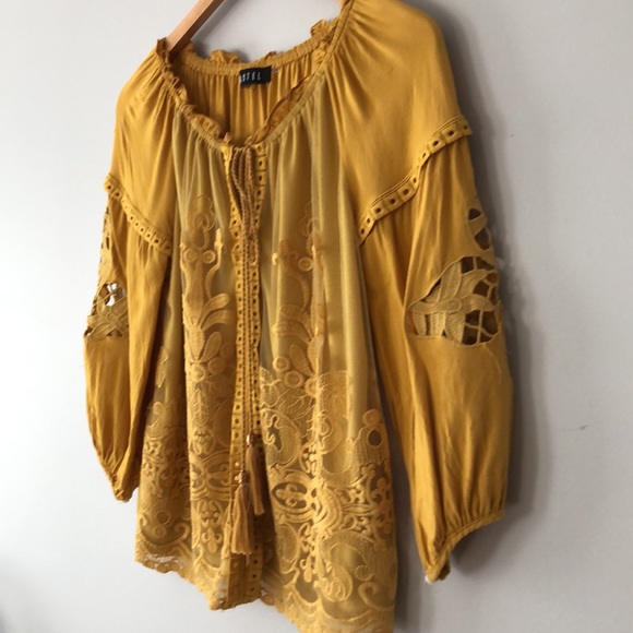 Boho Crochet Lace Embroidery Golden Yellow 3/4 Sleeve top Small - Picture 2 of 13